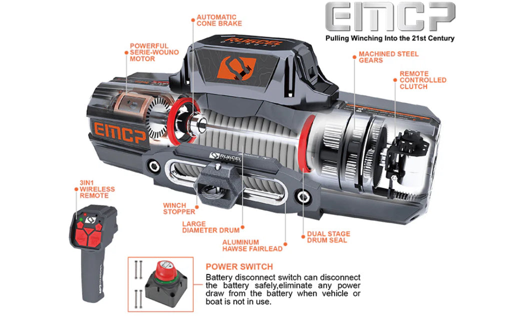 RUGCEL EMCP 13,500LB WINCH WITH SYNTHETIC ROPE