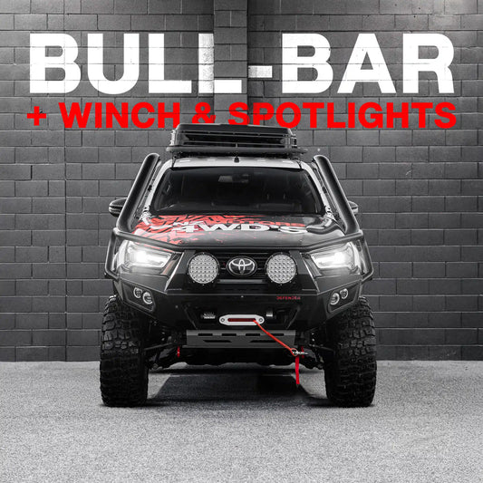 DEFENDER Off-Road Bull Bar + Winch & Spotlights Combo Package